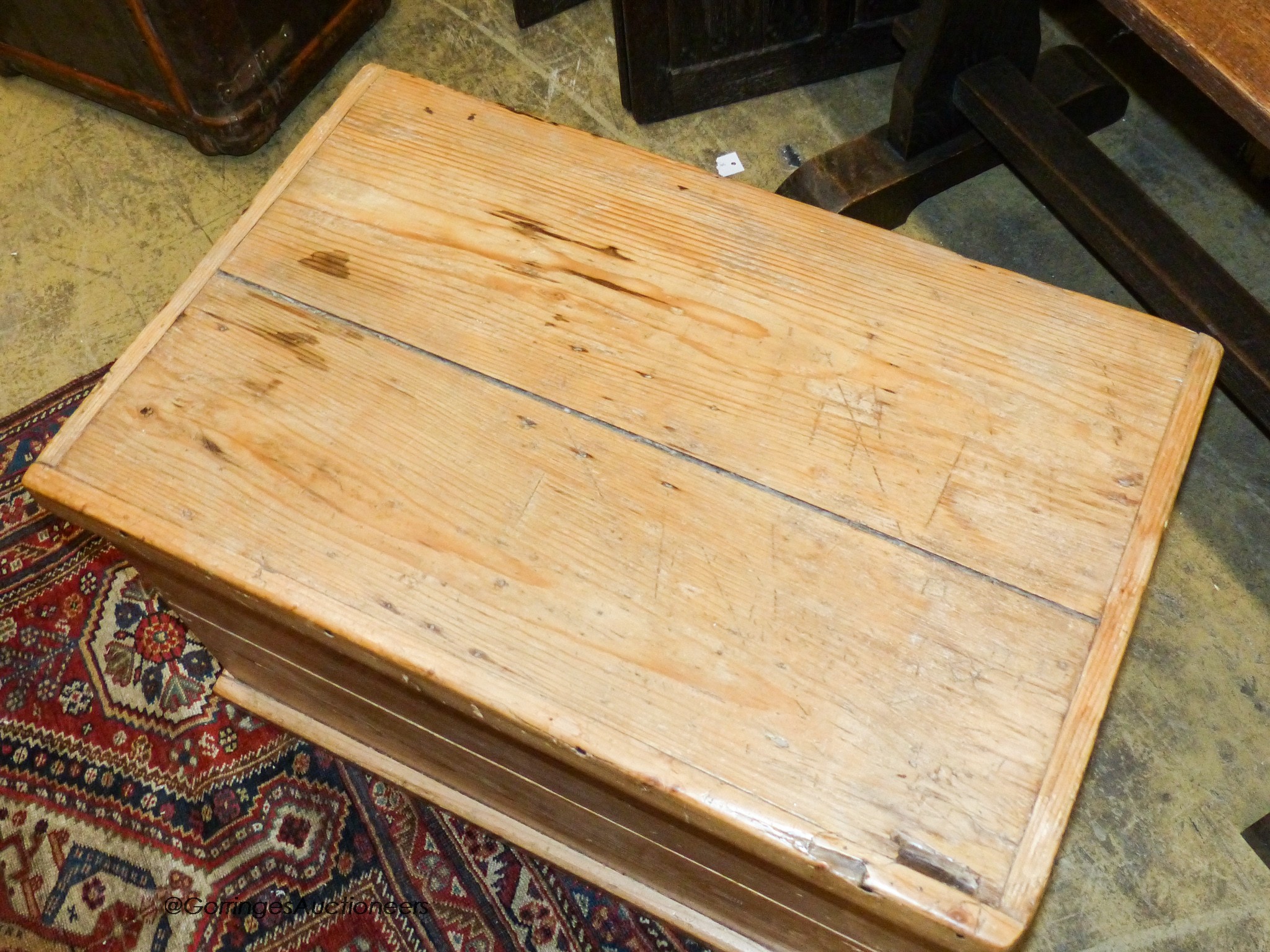 A Victorian pine blanket box with drawer, width 79cm, depth 50cm, height 50cm